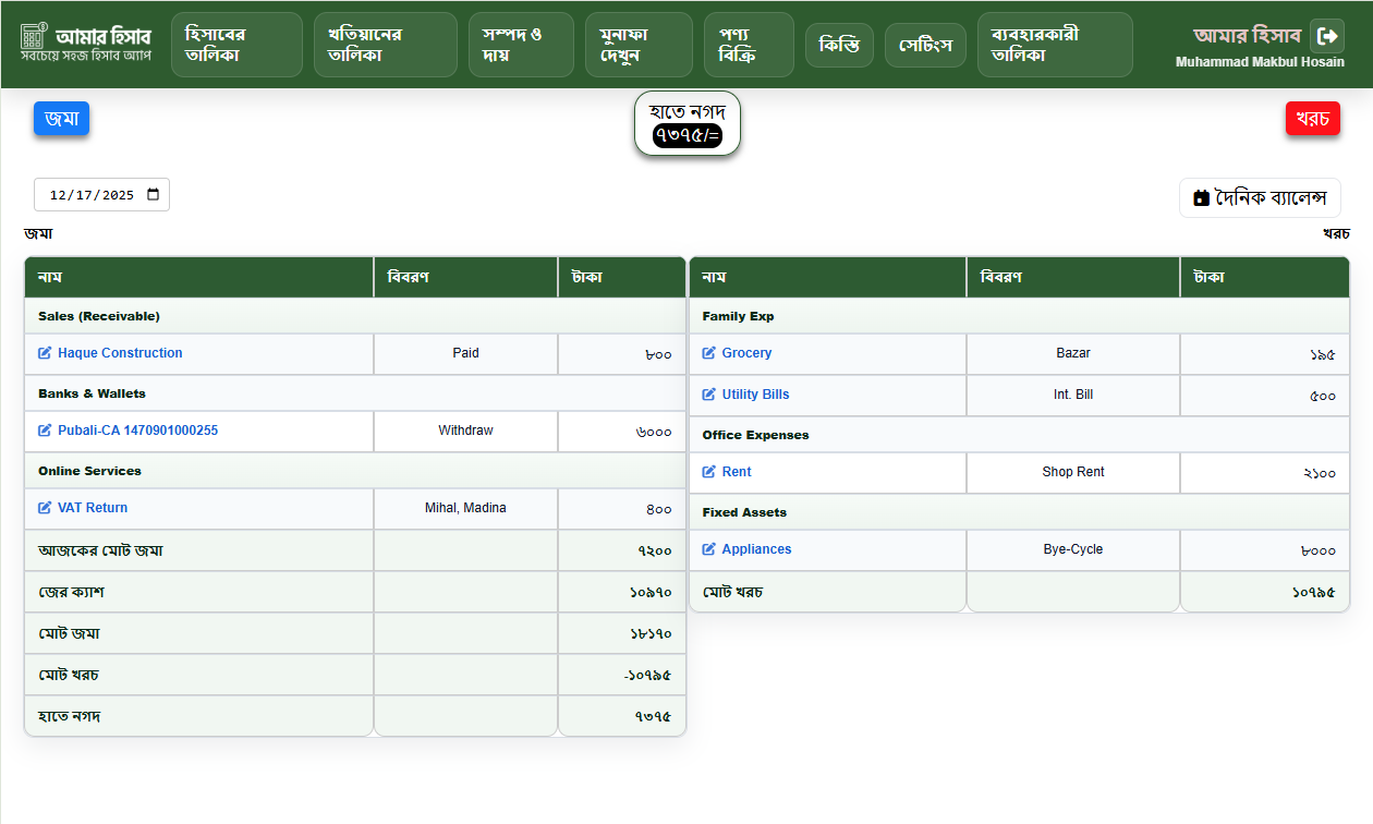আমার হিসাব ড্যাশবোর্ড – দৈনিক আয় ব্যয় ও খরচ হিসাব সফটওয়্যার 